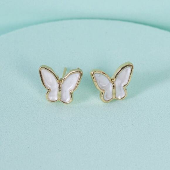 Gold & White Butterfly Shaped Stud Earrings - Picture 1 of 7